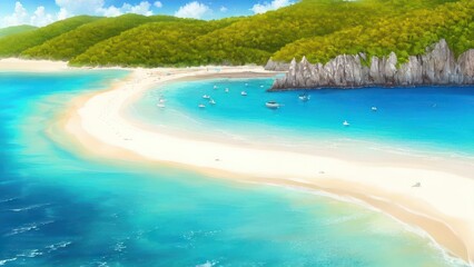Fototapeta na wymiar Sandy tropical beach with island on background. Generative AI