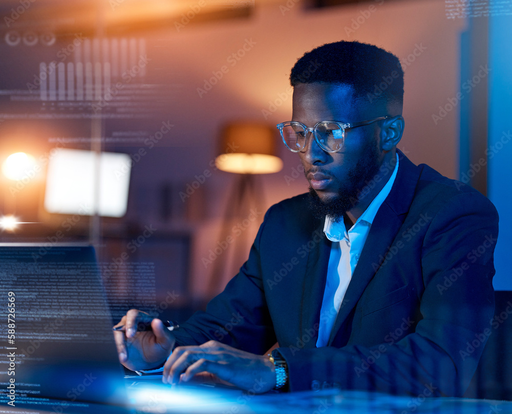 Aufkleber Black man in business, code with laptop and hologram, analytics and programmer in office at night, dashboard and overlay. Information technology, data analysis and graph with software development