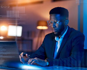 Black man in business, code with laptop and hologram, analytics and programmer in office at night, dashboard and overlay. Information technology, data analysis and graph with software development