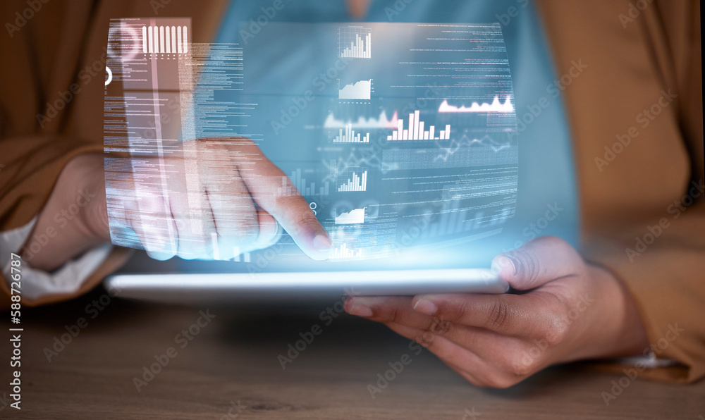 Poster Data tablet hologram, global analytics and hands working on futuristic software in the dark. Finance database, virtual overlay and financial website work at night with a user and focus at office