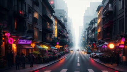 Fototapeta na wymiar Cyberpunk streets illustration, futuristic city, dystoptic artwork at night, 4k wallpaper. Rain foggy, moody empty future. Generative AI