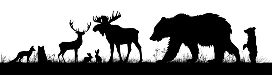 Plakat Animals living in european forest. Vector icon set of silhouette.