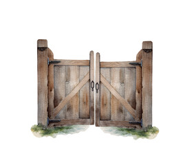 Watercolor garden gates isolated on white background. Farmhouse illustration sketch