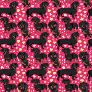 Spring pattern with spirals, leaf, flowers, 
dachshund, doxie dogs. Pastel colors. Elegant, soft seamless background, abstract summer pattern with hand-drawn colorful shapes. Delicate, gender-neutral