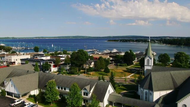 Church Harbor Springs Great Lakes Up North Drone forward movement beautiful summer day
