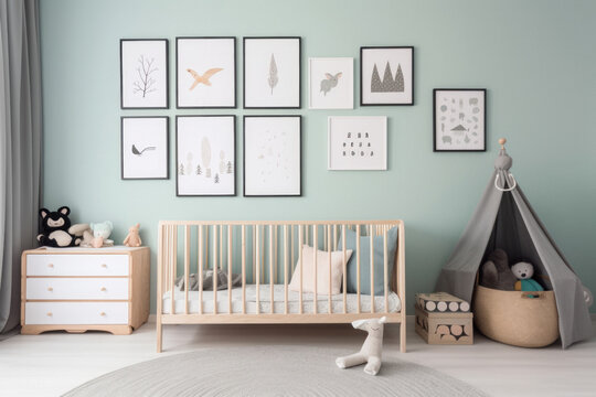 Serene Nursery with Blank Image Frame on Pastel Color Wall