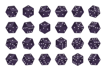 Isometric black dice cubes. Casino gambling pieces, backgammon, board games and poker dice 3d vector illustration set