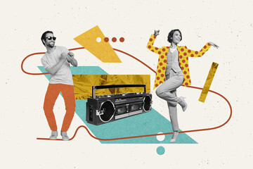 Photo template minimal collage of two youngsters listen retro pop music style have fun boombox relax dance isolated on drawn background