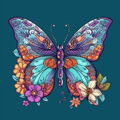 Fototapeta na wymiar Butterfly painting with multiple colors and beautiful springtime flowers on a white background Generative AI Illustration