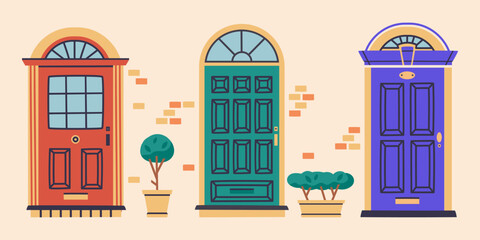 Fototapeta premium Front doors. House entrances, residential building doorways. Home facade closed doors flat vector illustration set