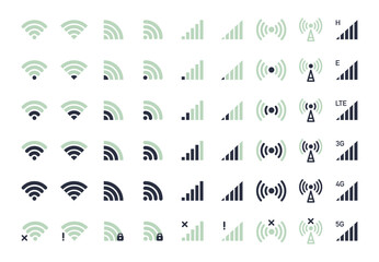 Smartphone wifi icons. Mobile phone indicators, no signal, 5G and LTE wifi signal strength levels flat vector illustration set