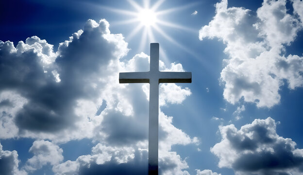 Christian cross shining in sky, created using Generative AI Technology