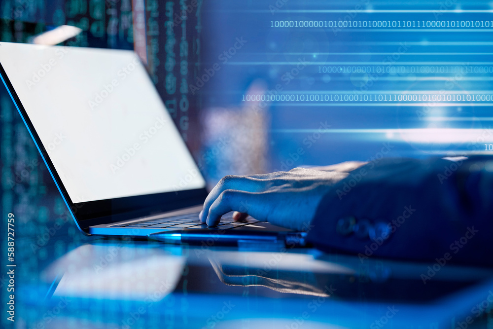 Aufkleber Hands, code and laptop screen, futuristic and programming, software development with digital overlay. Mockup space, man programmer in office at night and database, information technology and server