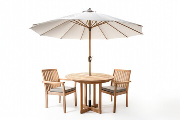 Cafe table with chair and parasol umbrella isolated on white background. Generative AI.
