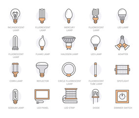 Light bulbs flat line icons. Led lamps types, fluorescent, filament, halogen, diode, energy saving illumination. Thin linear signs for idea concept, electric shop. Orange color. Editable Stroke