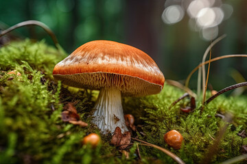 Gros plan en vue macro sur un champignon dans un sous-bois humide avec mousses et lichens