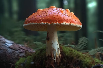 Fototapeta premium Gros plan en vue macro sur un champignon amanite dans un sous-bois humide avec mousses et lichens