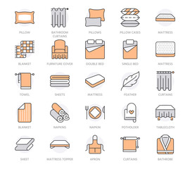 Bedding flat line icons. Orthopedics mattresses, bedroom linen, pillows, sheets set, blanket and duvet illustrations. Thin signs for interior store. Orange color. Editable Stroke