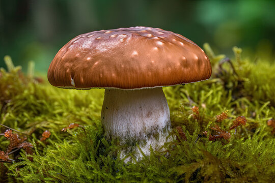 Gros plan en vue macro sur un champignon c&egrave;pe dans un sous-bois humide avec mousses et lichens