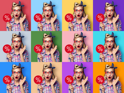Collage set on different colors backgrounds. Excited surprised, shocked pinup woman in red glasses with % sign. Funny pin up amazed girl with open mouth. Astonished blond model in vintage sales ad