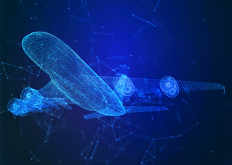 Travel plane on blue dark background. Airplane digital with line,dot. future air transport concept - 588728740