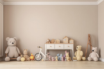 Modern Children's Room with Toys and Blank Wall