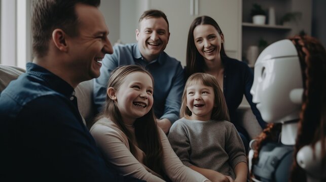Family members and a humanoid robot talk and laugh together happily at home. Artificial intelligence becomes sentient and conscious. Human and AI coexistence concept. ai generated