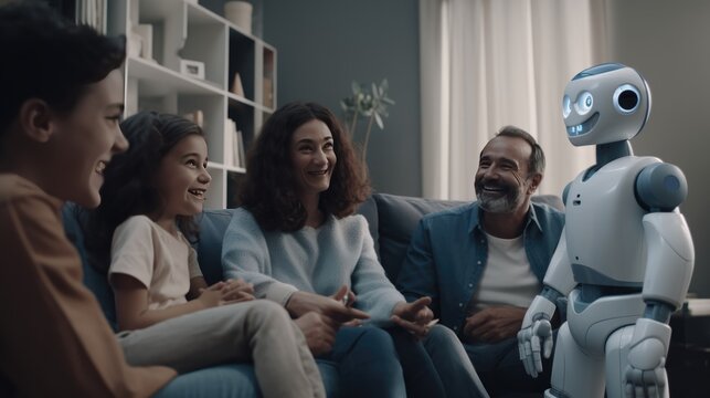 Family members and a humanoid robot talk and laugh together happily at home during the night. Artificial intelligence becomes sentient and conscious. Human and AI coexistence concept. ai generated