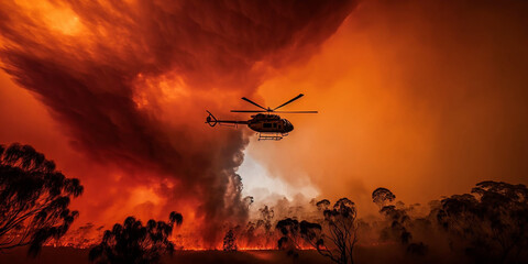 Fototapeta na wymiar Blazing Australian bushfire with rescue helicopter created with Generative AI