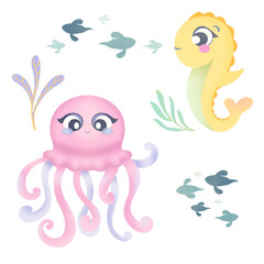 Underwater animal watercolor clipart. cute cartoon seahorse, octopus, fish and algae. Set of illustrations on a transparent background
