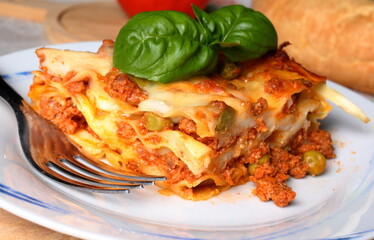 Tasty portion of baked lasagna with bolognese sauce and basil leaves.