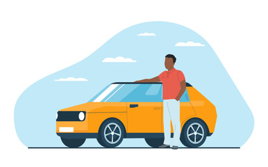 A black man stands by his car with his hand on its roof. Concept for insurance companies or car dealers. Vector illustration.