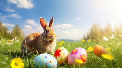 Easter Bunny with easter eggs on the sunny meadow illustration. Generative AI.