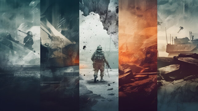 Modern abstract collage of battle. Generative AI