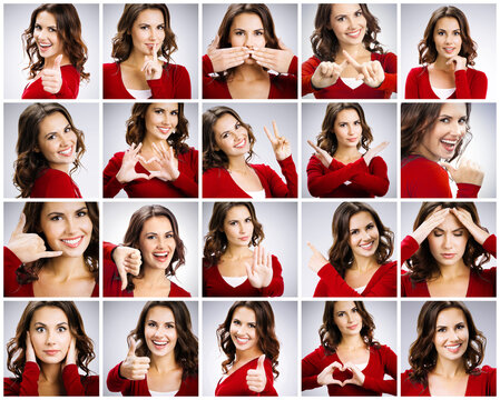 Different expressions collage image. Set collection of beautiful brunette girl face emotions portraits. Positive and negative feeling. Young woman grimacing gesture, grey background. Square head shot.