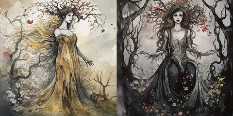 Persephone: Goddess of Spring and Queen of the Underworld in Watercolor Generative AI