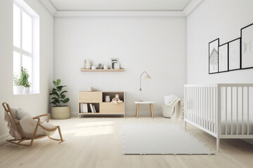 Fototapeta na wymiar Modern Minimalist Bright Nursery Room with Blank Wall