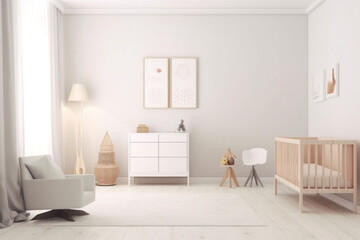 Naklejka na ściany i meble Modern Minimalist Bright Nursery Room with Blank Wall