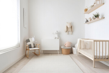 Fototapeta na wymiar Modern Minimalist Bright Nursery Room with Blank Wall