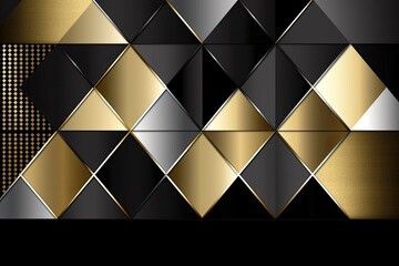 Gold silver black abstract background for design. Geometric shapes. Triangles, squares, stripes, lines. Color gradient  - Generative AI