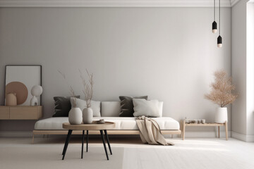 Fototapeta na wymiar Modern Minimalist Scandinavian Living Room with Empty Wall