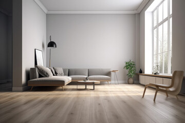 Naklejka na ściany i meble Modern Minimalist Scandinavian Living Room with Empty Wall
