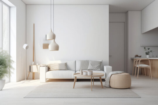 Modern Minimalist Scandinavian Living Room with Empty Wall