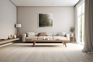 Naklejka na ściany i meble Modern Minimalist Scandinavian Living Room with Empty Wall