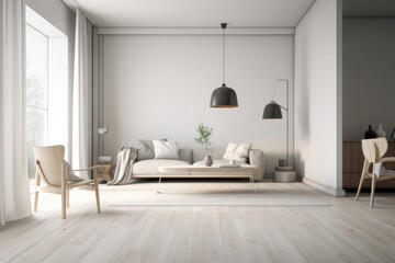 Fototapeta na wymiar Modern Minimalist Scandinavian Living Room with Empty Wall