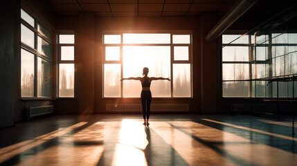 Plakat Sunlit Fitness Studio Woman Stretching, Bright and Airy with Large Windows, Generative AI