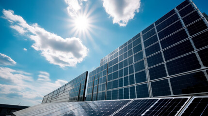 Obraz na płótnie Canvas Solar Panel Covered Building, Maximum Energy Utilization and Efficiency, Generative AI