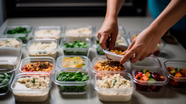Batch Cooking Meal Prep Woman Packing Food in Tupperware for Organized Week, Generative AI