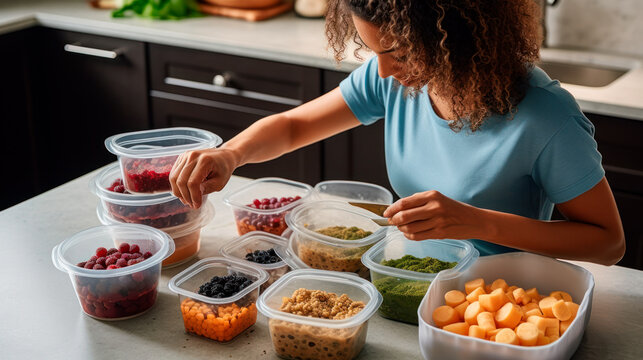 Batch Cooking Meal Prep Woman Packing Food In Tupperware For Organized Week, Generative AI