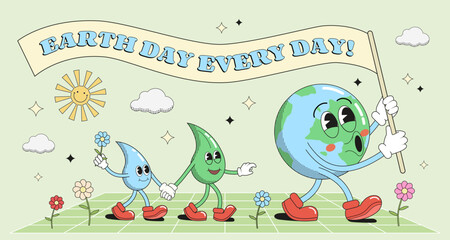 Earth Day holiday vector illustration in groovy 1970s style with Earth character holding an invitational ribbon with text.